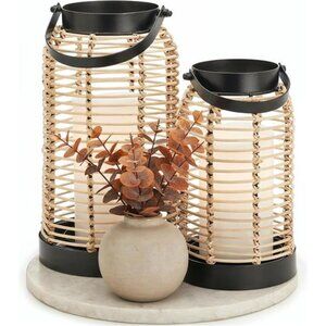 Natural rattan lantern set of 2 boho farmhouse table decor indoor outdoor